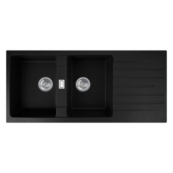Black Granite Quartz Stone Kitchen Sink Double Bowls Drainboard Top/Undermount - 1160x500x200mm | OX1150.KS