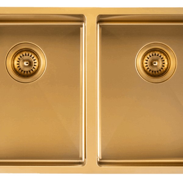 Brushed Gold 1.2mm Handmade Top/Undermount Double Bowls Kitchen Sink - 770x450x215mm | TWM6G