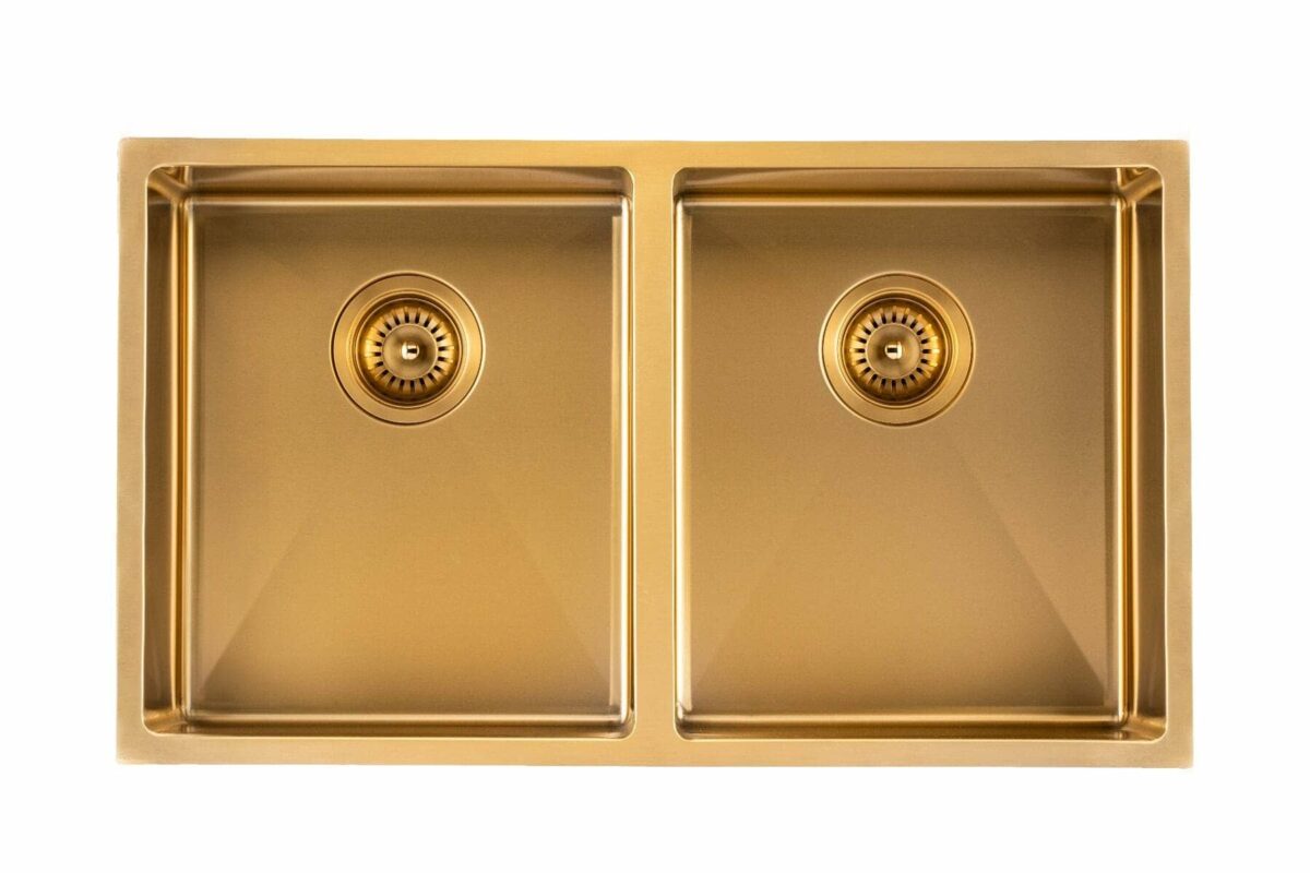 Brushed Gold 1.2mm Handmade Top/Undermount Double Bowls Kitchen Sink - 820x457x230mm | TWM7G