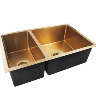 Brushed Yellow Gold 1.2mm Handmade Round Corners Double Bowls Top/Under/Flush Mount Kitchen Sink - 710x450x205mm | BUYG7145.KS