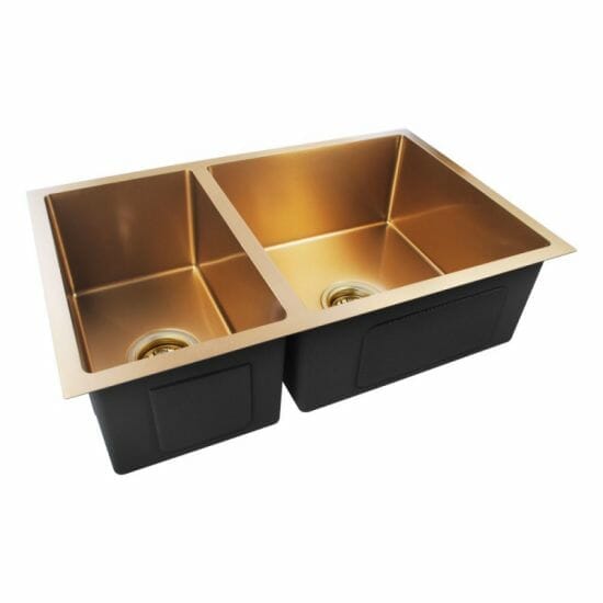 Brushed Yellow Gold 1.2mm Handmade Round Corners Double Bowls Top/Under/Flush Mount Kitchen Sink - 710x450x205mm | BUYG7145.KS
