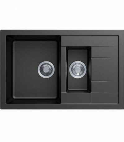 Carysil Black 1 and 1/4 Bowl Drainer Granite Kitchen Sink Top/Flush/Under Mount - 780x500x205mm | TWMD-150