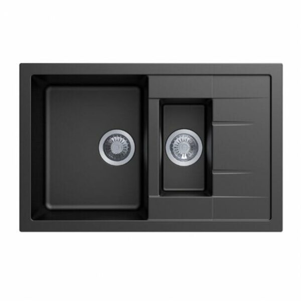 Carysil Black 1 and 1/4 Bowl Drainer Granite Kitchen Sink Top/Flush/Under Mount - 780x500x205mm | TWMD-150