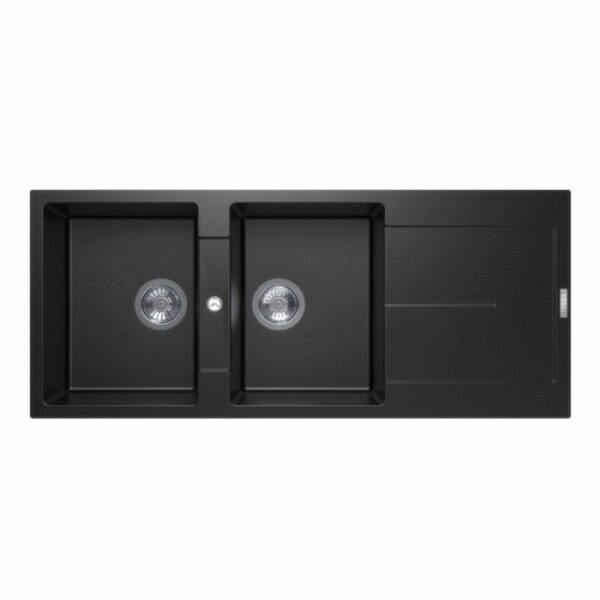 Carysil Black Double Bowl with Drainer Board Granite Kitchen Sink Top Mount - 1160x500x200mm | TWM-ED200