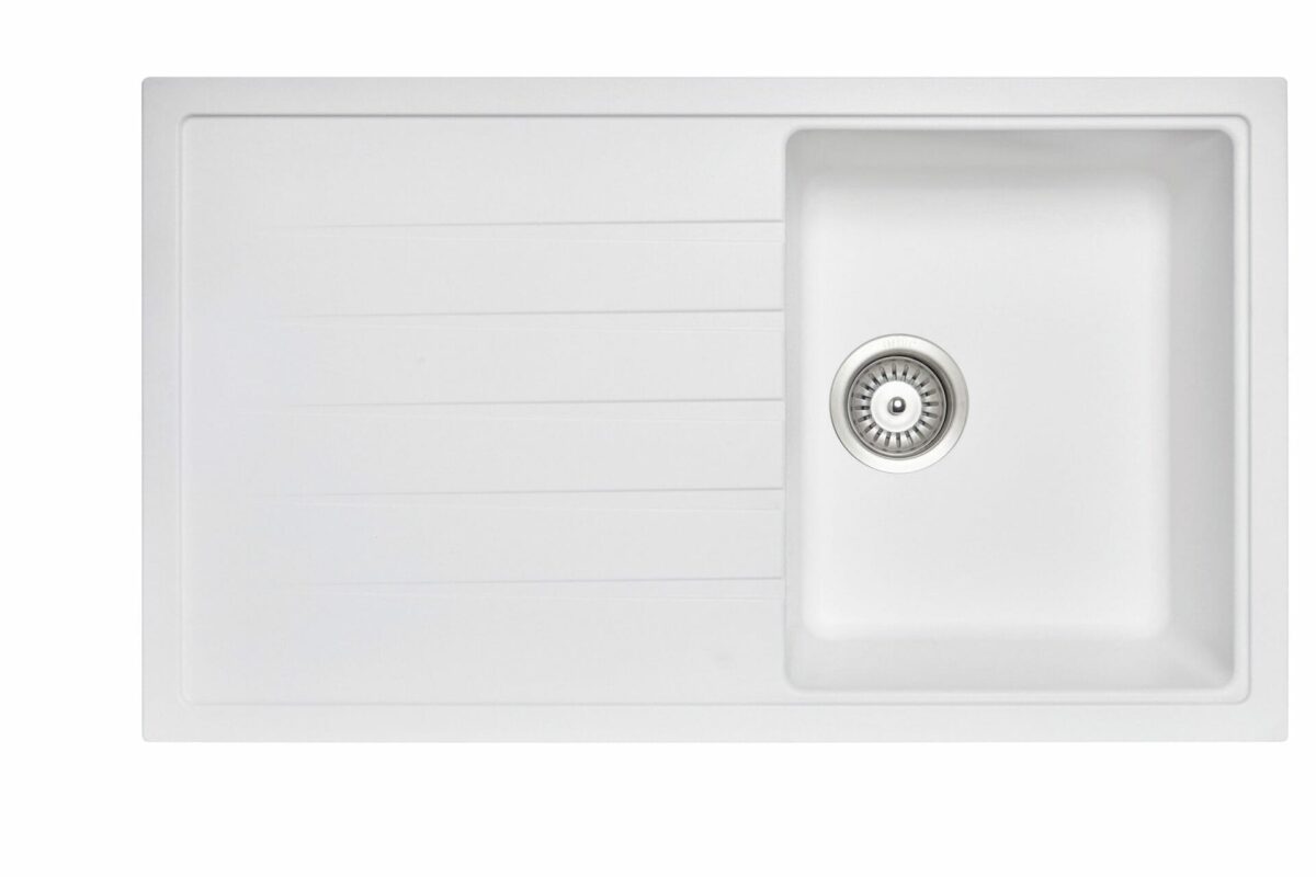 Carysil White Single Bowl With Drainer Board Granite Kitchen Sink Top/Flush/Under Mount - 860x500x205mm | TWMD-100W
