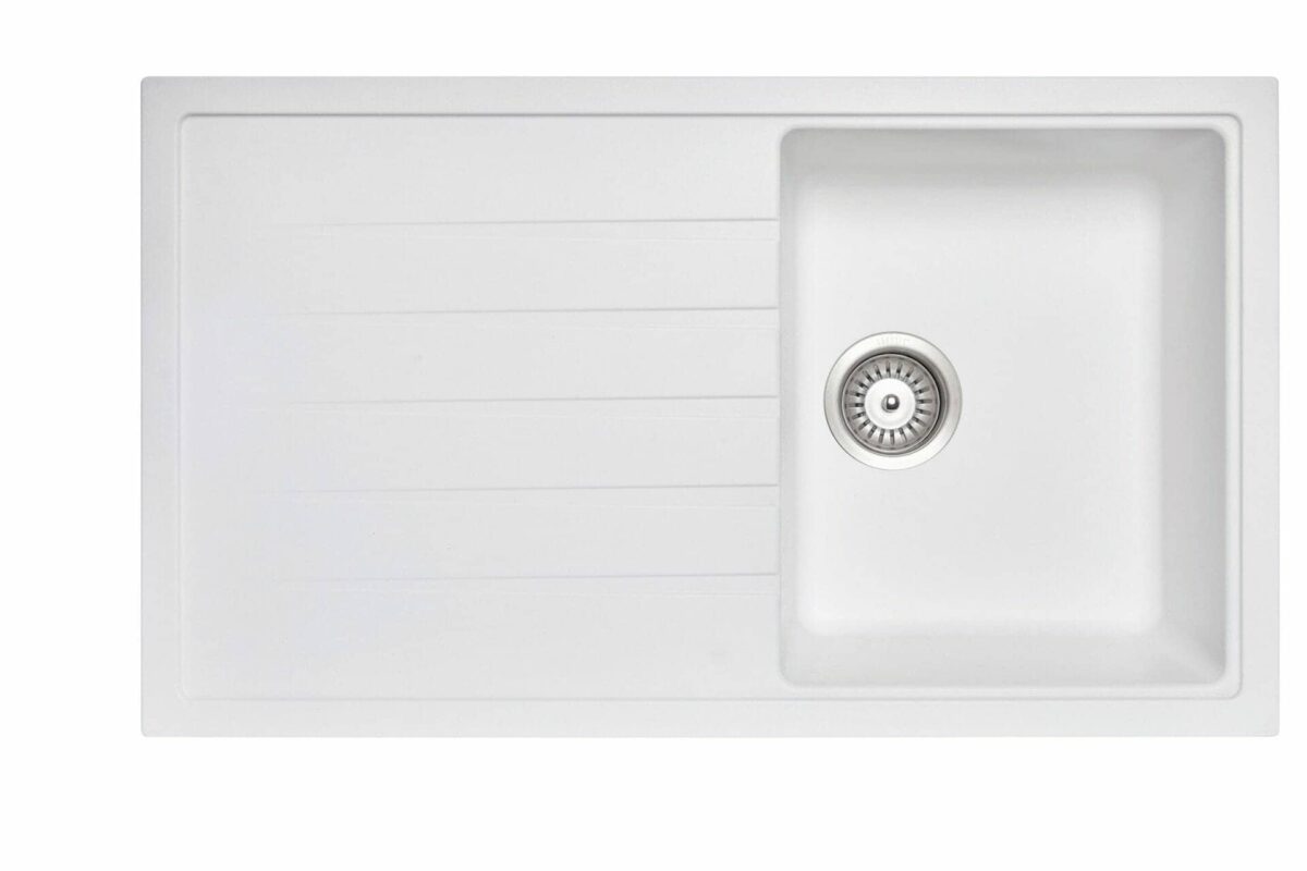 Carysil White Single Bowl With Drainer Board Granite Kitchen Sink Top/Flush/Under Mount - 860x500x205mm | TWMD-100W