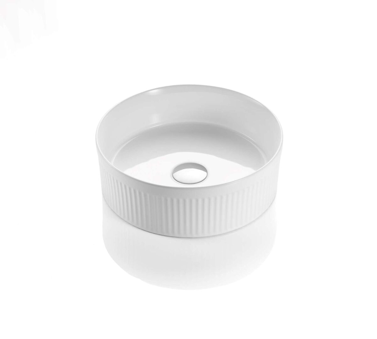 Cascade Fluted Arch Art Basin Above Counter Artificial Stone - Fluted - Gloss White - Round - 410mm | CA410R-GW