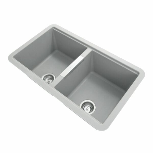 Concrete Grey Carysil CG2B3322 Double Bowl Stone Kitchen Sink - 824x481x241mm | TWM3322-G