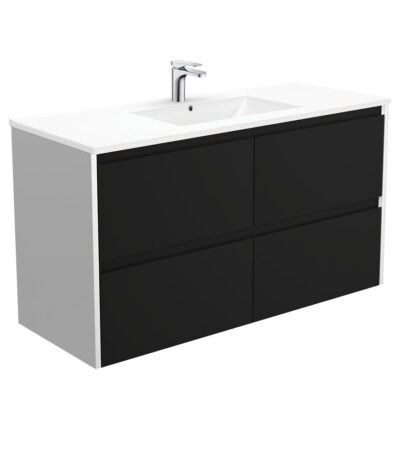 Dolce Amato 1200 Satin Black Wall-Hung Vanity, Satin White Panels