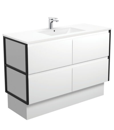 Dolce Amato 1200 Satin White Vanity On Kick, Matte Black Frames
