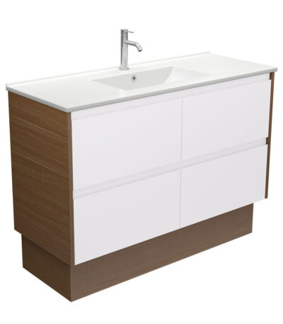 Dolce Amato 1200 Satin White Vanity on Kick, Walnut Panels