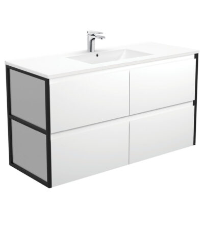 Dolce Amato 1200 Satin White Wall-Hung Vanity, Matte Black Frames