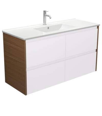 Dolce Amato 1200 Satin White Wall Hung Vanity, Walnut Panels