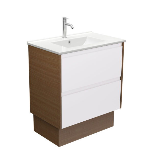 Dolce Amato 750 Satin White Vanity on Kick, Walnut Panels