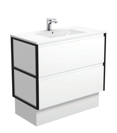 Dolce Amato 900 Satin White Vanity On Kick, Matte Black Frames