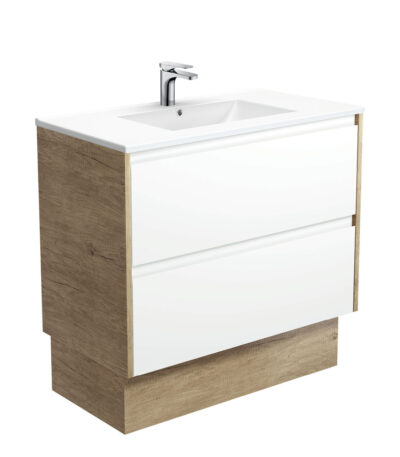Dolce Amato 900 Satin White Vanity On Kick, Scandi Oak Panels