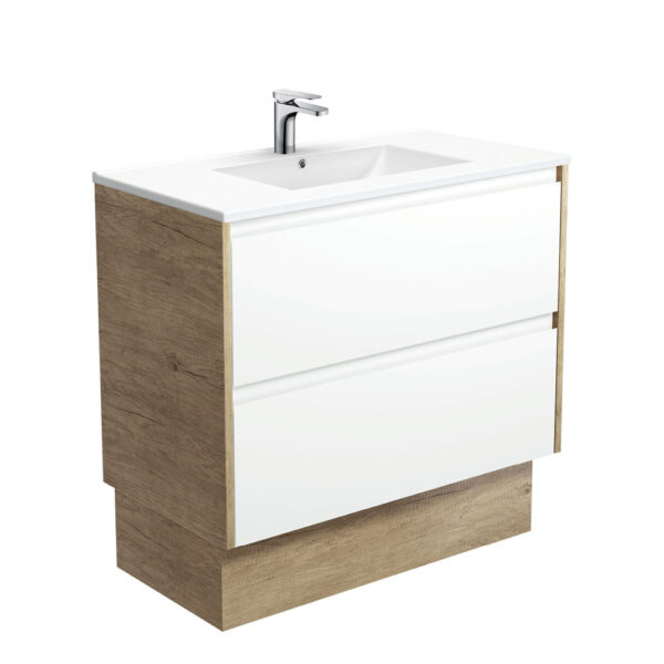 Dolce Amato 900 Satin White Vanity On Kick, Scandi Oak Panels