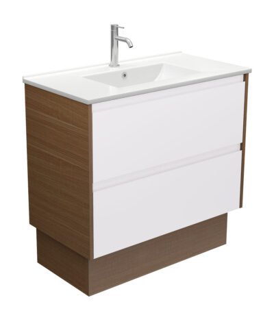 Dolce Amato 900 Satin White Vanity on Kick, Walnut Panels