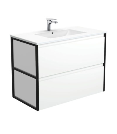 Dolce Amato 900 Satin White Wall-Hung Vanity, Matte Black Frames