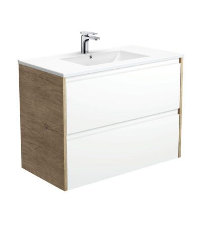 Dolce Amato 900 Satin White Wall-Hung Vanity, Scandi Oak Panels