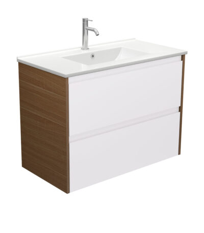 Dolce Amato 900 Satin White Wall Hung Vanity, Walnut Panels