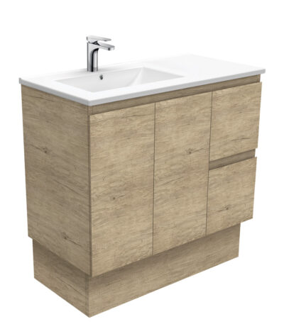 Dolce Edge Scandi Oak 900 Offset Vanity on Kickboard, Left Basin
