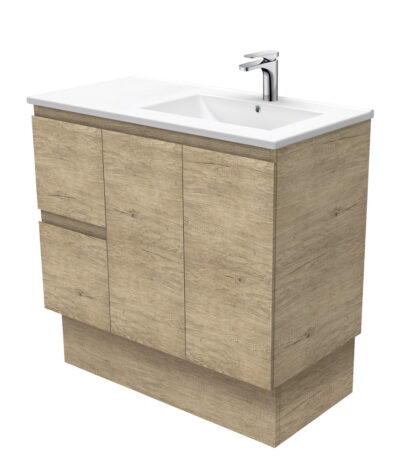 Dolce Edge Scandi Oak 900 Offset Vanity on Kickboard, Right Basin