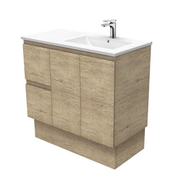 Dolce Edge Scandi Oak 900 Offset Vanity on Kickboard, Right Basin