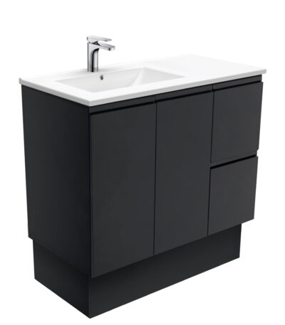 Dolce Fingerpull Satin Black 900 Offset Vanity on Kickboard, Left Basin