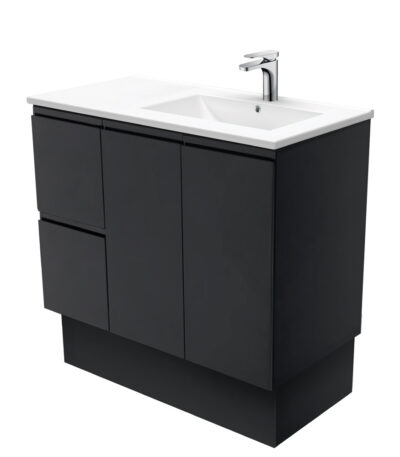 Dolce Fingerpull Satin Black 900 Offset Vanity on Kickboard, Right Basin