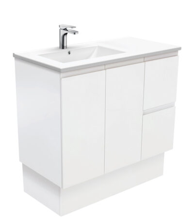 Dolce Fingerpull Satin White 900 Offset Vanity on Kickboard, Left Basin