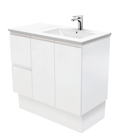 Dolce Fingerpull Satin White 900 Offset Vanity on Kickboard, Right Basin