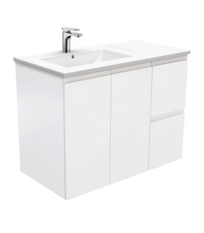 Dolce Fingerpull Satin White 900 Offset Wall-Hung Vanity, Left Basin