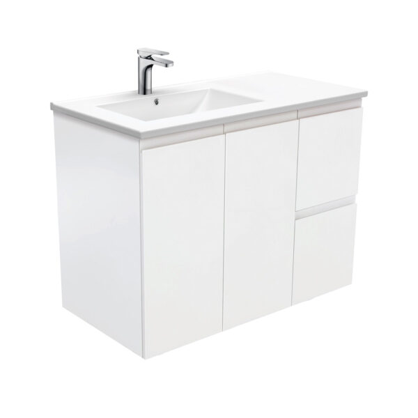 Dolce Fingerpull Satin White 900 Offset Wall-Hung Vanity, Left Basin