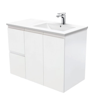 Dolce Fingerpull Satin White 900 Offset Wall-Hung Vanity, Right Basin