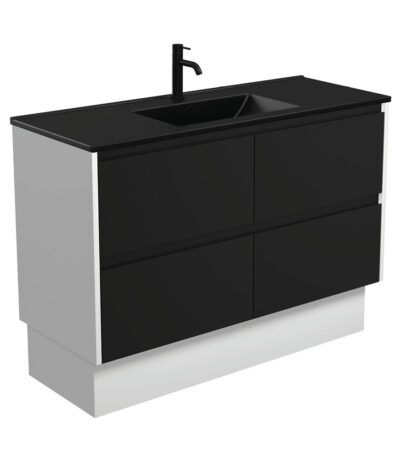 Dolce Matte Black Amato 1200 Satin Black Vanity On Kick, Satin White Panels