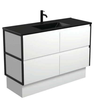 Dolce Matte Black Amato 1200 Satin White Vanity On Kick, Matte Black Frames