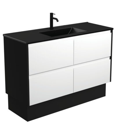 Dolce Matte Black Amato 1200 Satin White Vanity On Kick, Satin Black Panels