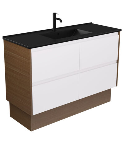 Dolce Matte Black Amato 1200 Satin White Vanity on Kick, Walnut Panels