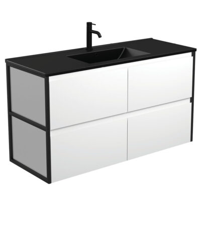 Dolce Matte Black Amato 1200 Satin White Wall-Hung Vanity, Matte Black Frames