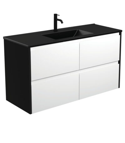 Dolce Matte Black Amato 1200 Satin White Wall-Hung Vanity, Satin Black Panels