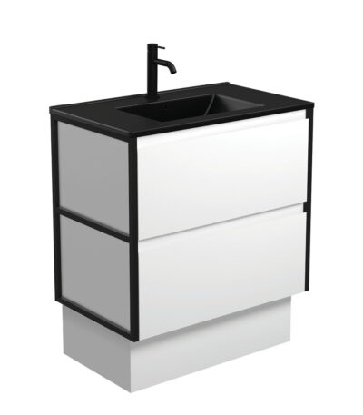 Dolce Matte Black Amato 750 Satin White Vanity On Kick, Matte Black Frames