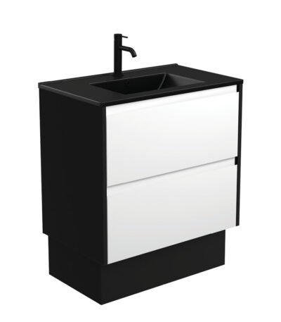 Dolce Matte Black Amato 750 Satin White Vanity On Kick, Satin Black Panels