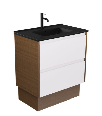 Dolce Matte Black Amato 750 Satin White Vanity on Kick, Walnut Panels