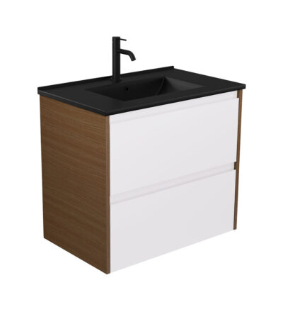 Dolce Matte Black Amato 750 Satin White Wall Hung Vanity, Walnut Panels