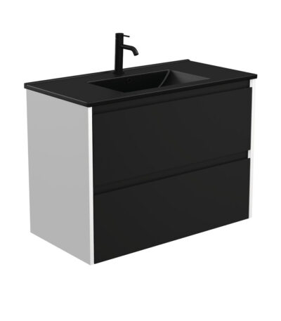 Dolce Matte Black Amato 900 Satin Black Wall-Hung Vanity, Satin White Panels