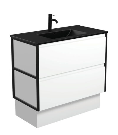Dolce Matte Black Amato 900 Satin White Vanity On Kick, Matte Black Frames