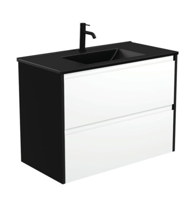 Dolce Matte Black Amato 900 Satin White Wall-Hung Vanity, Satin Black Panels