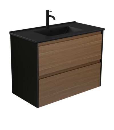 Dolce Matte Black Amato 900 Walnut Wall Hung Vanity, Satin Black Panels