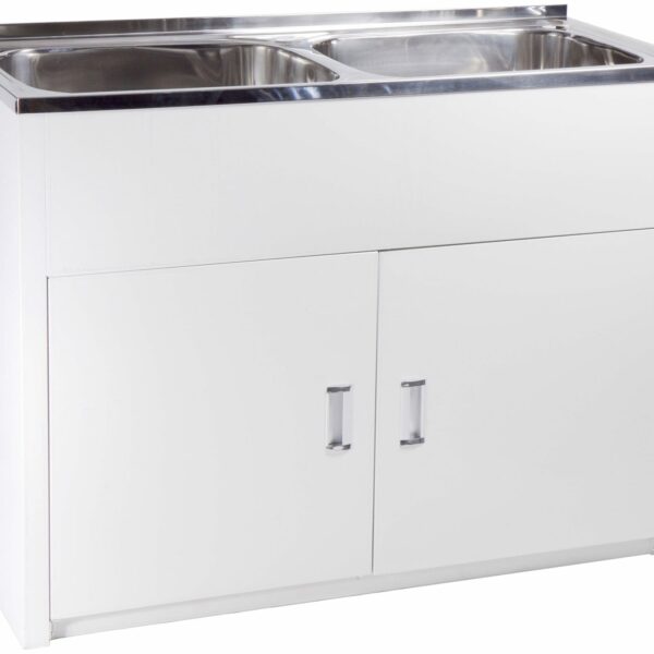 Double 45L Laundry Tub with Cabinet with Side Hole - Stainless Steel | DB652B